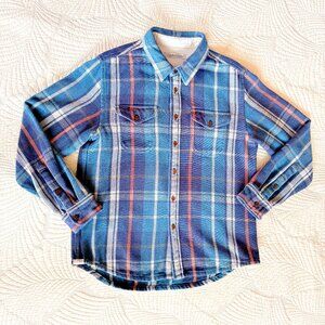 Outerknown Mens Blanket Shirt Blue Orange White Plaid Heavyweight Flannel Size L